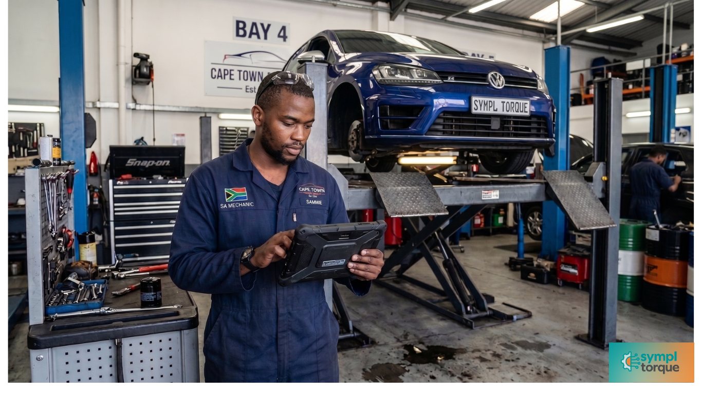 A South African mechanic reviewing a job on a tablet in a workshop bay